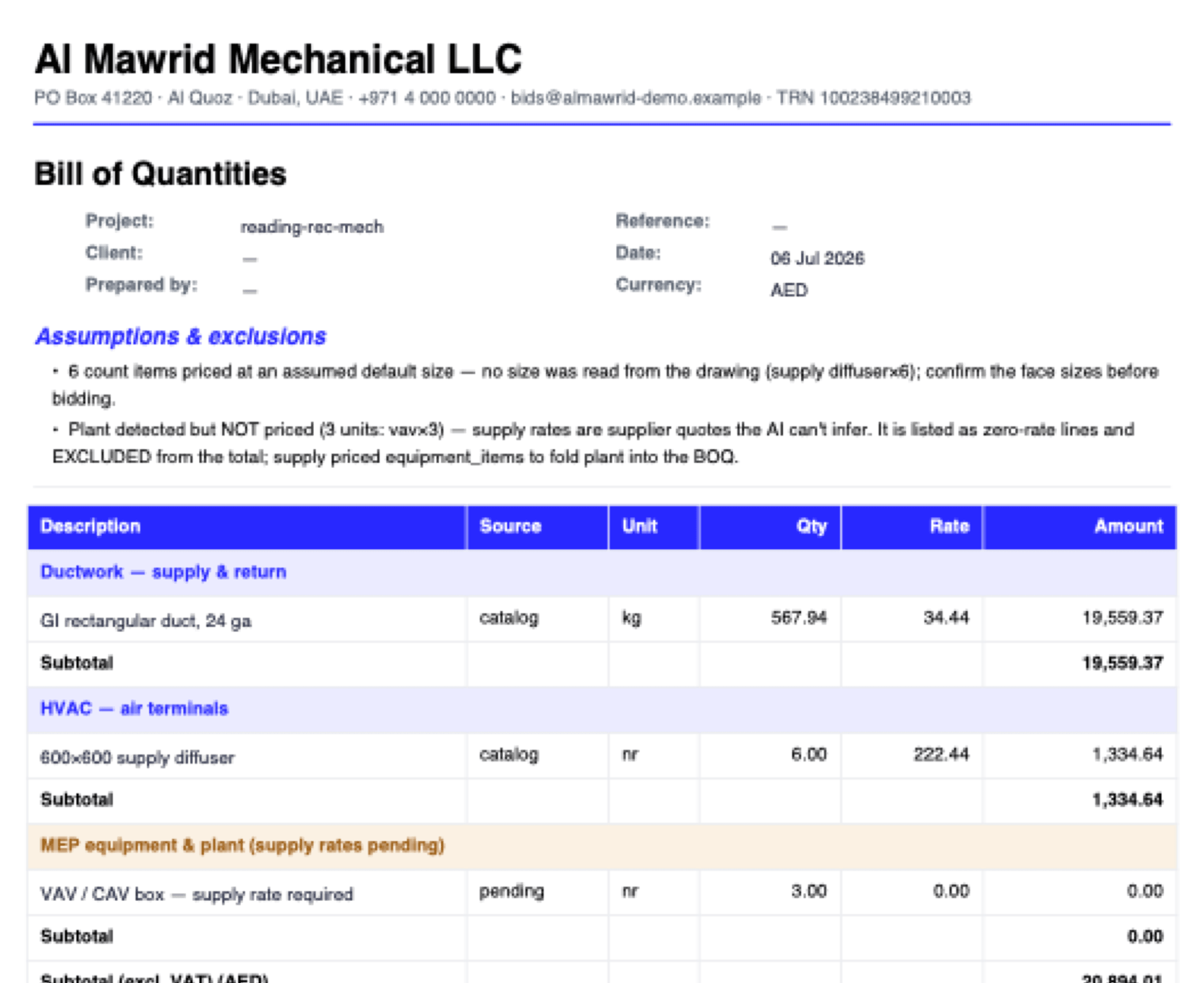 A real Ducta export — branded tax-invoice BOQ with per-line VAT, exactly what an electrical package leaves the office as