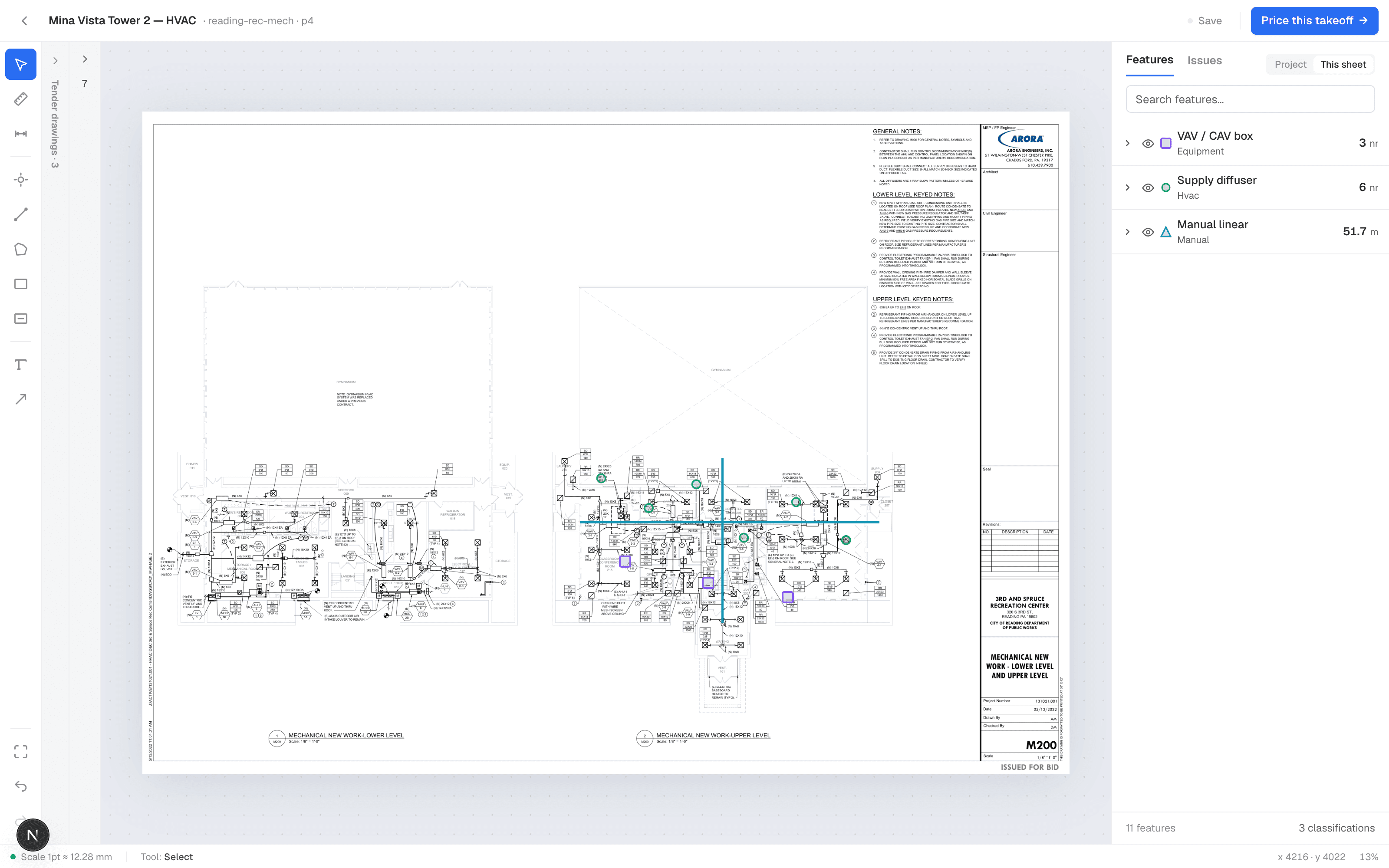 Ducta takeoff editor on a real public-bid mechanical sheet — calibrated duct runs, diffuser and VAV counts, live features panel